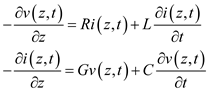 Arbitrary time dependence transmission line equations are the set of first order partial differential equations. Consider the transmission line equations for arbitrary time dependence. Where, R is the resistance per unit length, L is the inductance per unit length, G is the conductance per unit length, C is the capacitance per unit length, denotes instantaneous voltages at z , denotes instantaneous currents at z. Consider the transmission line equations for the time-harmonic time dependence. Where, , are functions of the space coordinate z. Thus, the transmission line equations for arbitrary time dependence are and the transmission line equation for time harmonic time dependence are .