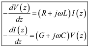Arbitrary time dependence transmission line equations are the set of first order partial differential equations. Consider the transmission line equations for arbitrary time dependence. Where, R is the resistance per unit length, L is the inductance per unit length, G is the conductance per unit length, C is the capacitance per unit length, denotes instantaneous voltages at z , denotes instantaneous currents at z. Consider the transmission line equations for the time-harmonic time dependence. Where, , are functions of the space coordinate z. Thus, the transmission line equations for arbitrary time dependence are and the transmission line equation for time harmonic time dependence are .