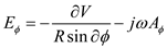 Consider the expression for electric field intensity in terms of potential functions A and V. …… (1) Where, is the angular frequency Consider the expression for electric field intensity in terms of spherical coordinates. …… (2) Where, , and are the spherical components of E Using equation (1), the spherical components of E. …… (3) …… (4) …… (5) Consider the phasor representation of vector potential. …… (6) Consider the spherical components of A …… (7) …… (8) …… (9) Substitute equation (6) in equations (7), (8) …… (10) …… (11) Consider the expression of scalar potential for the magnetic dipole shown in Figure 1. …… (12) Where, is the electron charge …… (13) and are the distance from the charges and to the field …… (14) …… (15) is the permeability of free space Figure 1 Substitute equations (13), (14), (15) in equations (12) Since On simplifying Substitute for …… (16) Substitute equations (16), (10) in equations (3). …… (17) Substitute equations (16), (11) in equations (4). …… (18) Substitute equations (16), (9) in equations (5). …… (19) Thus, the electric field intensity of a Hertzian dipole is determined and the results are verified.
