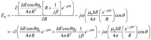 Consider the expression for electric field intensity in terms of potential functions A and V. …… (1) Where, is the angular frequency Consider the expression for electric field intensity in terms of spherical coordinates. …… (2) Where, , and are the spherical components of E Using equation (1), the spherical components of E. …… (3) …… (4) …… (5) Consider the phasor representation of vector potential. …… (6) Consider the spherical components of A …… (7) …… (8) …… (9) Substitute equation (6) in equations (7), (8) …… (10) …… (11) Consider the expression of scalar potential for the magnetic dipole shown in Figure 1. …… (12) Where, is the electron charge …… (13) and are the distance from the charges and to the field …… (14) …… (15) is the permeability of free space Figure 1 Substitute equations (13), (14), (15) in equations (12) Since On simplifying Substitute for …… (16) Substitute equations (16), (10) in equations (3). …… (17) Substitute equations (16), (11) in equations (4). …… (18) Substitute equations (16), (9) in equations (5). …… (19) Thus, the electric field intensity of a Hertzian dipole is determined and the results are verified.