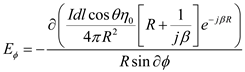 Consider the expression for electric field intensity in terms of potential functions A and V. …… (1) Where, is the angular frequency Consider the expression for electric field intensity in terms of spherical coordinates. …… (2) Where, , and are the spherical components of E Using equation (1), the spherical components of E. …… (3) …… (4) …… (5) Consider the phasor representation of vector potential. …… (6) Consider the spherical components of A …… (7) …… (8) …… (9) Substitute equation (6) in equations (7), (8) …… (10) …… (11) Consider the expression of scalar potential for the magnetic dipole shown in Figure 1. …… (12) Where, is the electron charge …… (13) and are the distance from the charges and to the field …… (14) …… (15) is the permeability of free space Figure 1 Substitute equations (13), (14), (15) in equations (12) Since On simplifying Substitute for …… (16) Substitute equations (16), (10) in equations (3). …… (17) Substitute equations (16), (11) in equations (4). …… (18) Substitute equations (16), (9) in equations (5). …… (19) Thus, the electric field intensity of a Hertzian dipole is determined and the results are verified.