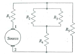 Find the current and the heat dissipated in each of the five resistors in the network shown in Fig. 4-5 if and if the source is an ideal d-c voltage generator of 0.7 (V) with its positive polarity at terminal 1. What is the total resistance seen by the source at terminal pair 1-2 FIGURE A network problem (Problem P.4-5).