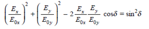 Elliptically polarized light can be represented by the two orthogonal waves given in Eqs (2.2) and (2.3). Show that elimination of the ( t - kz ) dependence between them yields which is the equation of an ellipse making an angle with the x axis, where is given by Eq. (2.8).