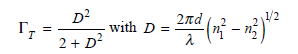 Approximate expressions for the transverse and lateral optical-field confinement factors T and L , respectively, in a Fabry-Perot lasing cavity are And Where Here w and d are the width and thickness, respectively, of the active layer, and n 1 and n 2 are the refractive indices inside and outside the cavity, respectively. ( a ) Consider a 1300-nm InGaAsP laser diode in which the active region is 0.1 µ m thick, 1.0 mm wide, and 250 µ m long with refractive indices n 1 = 3.55 and n 2 = 3.20. What are the transverse and lateral optical- field confinement factors ( b ) Given that the total confinement factor is = T L , what is the gain threshold if the effective absorption coefficient is = 30 cm 1 and the facet reflectivities are R 1 = R 2 = 0.31