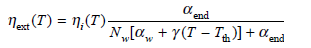 In a multiple quantum-well laser the temperature dependence of the differential or external quantum efficiency can be described by 57 where i ( T ) is the internal quantum efficiency, end is the mirror loss of the lasing cavity as given in Eq. (4.28), N w is the number of quantum wells, T th is the threshold temperature, w is the internal loss of the wells at T = T th and is a temperature-dependent internal- loss parameter. Consider a six-well, 350- µ m-long MQW laser having the following characteristics: w = 1.25 cm -1 , = 0.025 cm -1 /K, and T th = 303 K. The lasing cavity has a standard uncoated facet on the front ( R 1 = 0.31) and a high-reflection coating on the near facet ( R 2 = 0.96). ( a ) Assuming that the internal quantum efficiency is constant, use a computer to plot the external quantum efficiency as a function of temperature over the range 303 K T 375 K. Let ext ( T ) = 0.8 at T = 303 K. ( b ) Given that the optical output power at T = 303 K is 30 mW at a drive current of I d = 50 mA, plot the power output as a function of temperature over the range 303 K T 375 K at this fixed bias current.