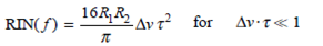 For a fiber optic link using a single-longitudinal- mode laser with a 3-dB linewidth of v and having two fiber connectors with reflectivities R 1 and R 2 , the worst-case RIN occurs when the direct and doubly reflected optical fields interfere in quadrature. 51 If is the light-travel time in the fiber, this is described by where f is the carrier frequency. Show that this expression reduces to and