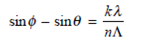 A plane reflection grating can be used as a wavelength-division multiplexer when mounted as shown in Fig. 10.42. The angular properties of this grating are given by the grating equation where is the grating period, k is the interference order, n is the refractive index of the medium between the lens and the grating, and and are the angles of the incident and reflected beams, respectively, measured normal to the grating. ( a ) Using the grating equation, show that the angular dispersion is given by ( b ) If the fractional beam spread S is given by where m is the number of wavelength channels, find the upper limit on for beam spreading of less than 1 percent given that = 26 nm, = 1350 nm, and m = 3 Fig. 10.42 Wavelength multiplexing with a reflection grating