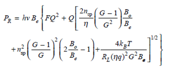 Recall from Eq. (7.13) that the bit-error rate (BER) can be given in terms of a Q factor, where, from Eq. (7.14), When thermal noise is dominant, we have . However, for an EDFA the existence of signal-ASE beat noise produces the condition . In this case, from Eq. (11.30), and Noting that the receiver sensitivity P R is half the signal power of a transmitted 1 bit for a uniform distribution of ones and zeros (i.e., P s = 2 P R ), show that in terms of the Q factor the receiver sensitivity is where F is the noise figure given by Eq. (11.35).