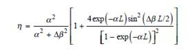 A detailed expression for the FWM efficiency is given by 4 where the factor is the difference of the propagation constants of the various waves due to dispersion, and is given by Here the value of the dispersion D ( v 0 ) and its slope dD/d , are taken at the optical frequency v 0. Using these expressions in Eq. (12.13), plot the ratio of the generated power P 112 to the transmitted channel power P<sub>1</sub>as a function of the channel spacing for two +7-dBm channels. Find this ratio for the following dispersion and wavelength values: ( a ) D = 0 ps/(nm ·km) and = 1556.6 nm. ( b ) D = 0.13 ps/(nm ·km) and = 1556.1 nm. ( c ) D = 1.64 ps/(nm ·km) and = 1537.2 nm. Let the frequency spacing of the two channels range from 0 to 250 GHz. In each case, take dD/d = 0.08 ps/(nm 2 · km), = 0.0461 km -1 , L = 11 km, and A eff = 55 m 2. For 1111 and use the values given in Example 12.3.