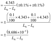 Refer to equation 14.2 from the text book to calculate uncertainty in the attenuation accuracy. The average loss is given by Here and are output powers of the near and far ends of the fiber, respectively and L is the separation of the two measurement points. Rearrange the equation with near and far end length of the fiber . Since the output voltage from the photo detector is proportional to the optical power, we can write the equation 14.2 as follows. Now, calculate the uncertainty in the attenuation accuracy is, Since, , refer to equation 14.19 from the text book and then substitute two power measurements are in the expression as follows: So, the uncertainty in the attenuation accuracy is . For determine better sensitivity than as follows; Consider , then So, the fiber is to get a better sensitivity than is . Hence, the uncertainty in the attenuation accuracy and better sensitivity of the fiber is calculated.