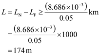 Refer to equation 14.2 from the text book to calculate uncertainty in the attenuation accuracy. The average loss is given by Here and are output powers of the near and far ends of the fiber, respectively and L is the separation of the two measurement points. Rearrange the equation with near and far end length of the fiber . Since the output voltage from the photo detector is proportional to the optical power, we can write the equation 14.2 as follows. Now, calculate the uncertainty in the attenuation accuracy is, Since, , refer to equation 14.19 from the text book and then substitute two power measurements are in the expression as follows: So, the uncertainty in the attenuation accuracy is . For determine better sensitivity than as follows; Consider , then So, the fiber is to get a better sensitivity than is . Hence, the uncertainty in the attenuation accuracy and better sensitivity of the fiber is calculated.