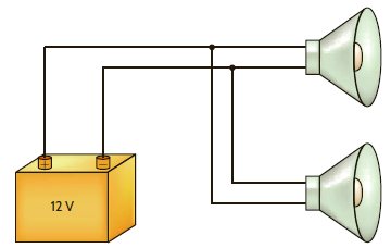 An automobile uses two halogen headlights connected as shown in Fig. P2.6. Determine the power supplied by the battery if each headlight draws 3 A of current. Figure P2.6