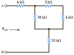 Find the equivalent resistance at the terminals A - B in the network in Fig. E2.14. Figure E2.14