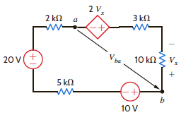 The 10-V source absorbs 2.5 mW of power. Calculate V ba and the power absorbed by the dependent voltage source in Fig. P2.32. Figure P2.32