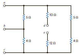 Given the resistor configuration shown in Fig. P2.68, find the equivalent resistance between the following sets of terminals: (1) a and b, (2) b and c, (3) a and c, (4) d and e , (5) a and e, (6) c and d , (7) a and d , (8) c and e , (9) b and d , and (10) b and e.     Figure P2.68