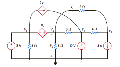 Use nodal analysis to determine the node voltages defined in the circuit in Fig. P3.64. Figure P3.64