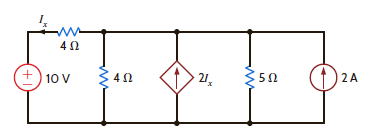 Find the power supplied by the 2-A current source in the network in Fig. P3.105 using loop analysis. Figure P3.105