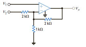 For the circuit in Fig. P4.21, (a) find V o in terms of V 1 and V 2. (b) If V 1 = 2 V and V 2 = 6 V, find V o. (c) If the op-amp supplies are ±12 V, and V 1 = 4 V, what is the allowable range of V 2 Figure P4.21