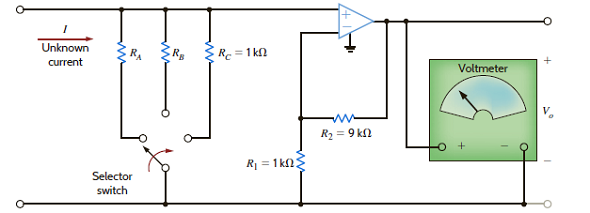 The electronic ammeter in Example 4.7 has been modified and is shown in Fig. P4.44. The selector switch allows the user to change the range of the meter. Using values for R 1 and R 2 from Example 4.7, find the values of R A and R B that will yield a 10-V output when the current being measured is 100 mA and 10 mA, respectively. Figure P4.44