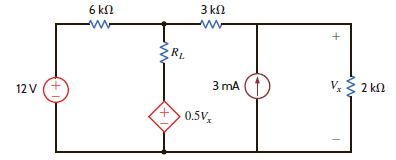 Find the value of R L in Fig. P5.125 for maximum power transfer. In addition, calculate the power dissipated in R L under these conditions.     Figure P5.125