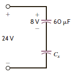 The two capacitors shown in Fig. 6PFE-3 have been connected for some time and have reached their present values. Determine the unknown capacitor C x. a. 20 F b. 30 F c. 10 F d. 90 F Figure 6PFE-3
