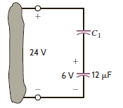 Two initially uncharged capacitors are connected as shown in Fig. E6.11. After a period of time, the voltage reaches the value shown. Determine the value of C 1. Figure E6.11