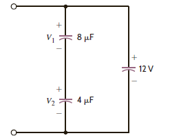 The three capacitors shown in Fig. P6.62 have been connected for some time and have reached their present values. Find V 1 and V 2. Figure P6.62