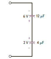 The two capacitors in Fig. P6.63 were charged and then connected as shown. Determine the equivalent capacitance, the initial voltage at the terminals, and the total energy stored in the network. Figure P6.63