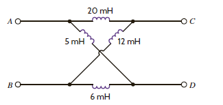 Given the network shown in Fig. P6.81, find (a) the equivalent inductance at terminals A - B with terminals C - D short circuited, and (b) the equivalent inductance at terminals C - D with terminals A - B open circuited.     Figure P6.81