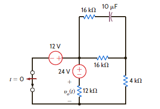 The switch in the circuit in Fig. P7.46 is opened at t = 0. Find v o ( t ) for t 0 using the step-by-step technique. Figure P7.46