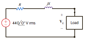 The source in Fig. E9.18 supplies 40 kW at a power factor of 0.9 lagging. The real and reactive losses of the transmission-line feeder are 1.6 kW and 2.1 kvar, respectively. Find the load voltage and the real and reactive power absorbed by the load. Figure E9.18