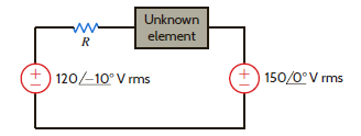 For the network in Fig. P9.83, the complex power absorbed by the source on the right is 0 + j 1582.5 VA. Find the value of R and the unknown element and its value if f = 60 Hz. (If the element is a capacitor, give its capacitance; if the element is an inductor, give its inductance.) Figure P9.83