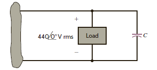 The load in the network in Fig. P9.104 is located in Nevada. It consumes 100 kW at 0.8 pf lagging. Find the value of the capacitor that when placed in parallel with the load will raise the power factor to 0.95 lagging. Figure P9.104