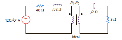 In the circuit in Fig. 10PFE-2, select the value of the transformer's turns ratio     to achieve impedance matching for maximum power transfer. Using this value of n, calculate the power absorbed by the 3- resistor. a. 100.75 W b. 37.5 W c. 55.6 W d. 75 W     Figure 10PFE-2
