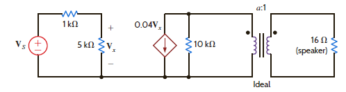In the circuit in Fig. 10PFE-3, select the turns ratio of the ideal transformer that will match the output of the transistor amplifier to the speaker represented by the 16- load. a. 18 b. 30 c. 10 d. 25 Figure 10PFE-3