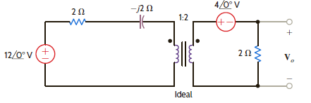Given the network in Fig. E10.16, form an equivalent circuit for the transformer and primary, and use the resultant network to find V o.     Figure E10.16