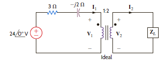 In the network shown in Fig. P10.74, determine the value of the load impedance for maximum power transfer. Figure P10.74