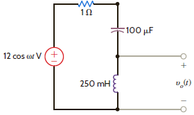Given the RLC network in Fig. P12.44, find the value of Q and the output voltage, V o ( t ) , at the resonant frequency.     Figure P12.44
