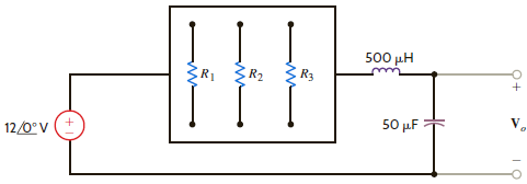 The network in Fig. P12.53 operates at 200 Hz. Determine the manner in which the resistor bank should be connected to maximize the voltage V o and determine the value of the maximum voltage (R 1 = 12 , R 2 = 6 , R 3 = 4 ). Figure P12.53