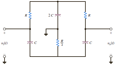 The circuit in Fig. P12.76 is a dual-T notch filter. It has an advantage over the filter in Example 12.21 in that it contains no inductors, which tend to be bulky and heavy. Derive the transfer function for this filter and verify your work for the component values C = 100 nF and R = 1590 .     Figure P12.76  Example 12.21       