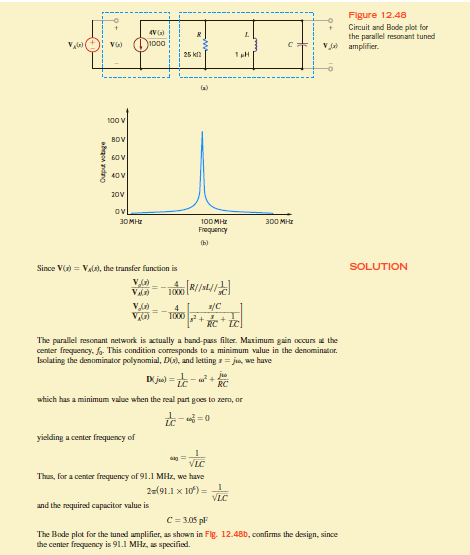 The circuit in Fig. P12.76 is a dual-T notch filter. It has an advantage over the filter in Example 12.21 in that it contains no inductors, which tend to be bulky and heavy. Derive the transfer function for this filter and verify your work for the component values C = 100 nF and R = 1590 .     Figure P12.76  Example 12.21       