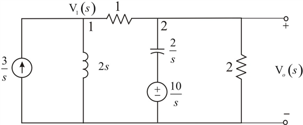 Refer to Figure E14.2 in the textbook. The Laplace transformed circuit is,   Figure 1 The output voltage is the voltage across the   resistance. The Thevenin's equivalent for the circuit can be calculated by removing the   resistance. The resulting circuit is,   Figure 2 From Figure 2 the current in the first loop is,   Apply Kirchhoff's Voltage Law to loop 2.     The Thevenin's equivalent voltage can be calculated as,     The Thevenin equivalent resistance is calculated by replacing the sources in the network with their internal impedances.   Figure 3 The equivalent impedance is,   The Thevenin equivalent circuit is,   Figure 4 Apply voltage division rule at output.     Simplify the quadratic equation '   'we get,     The equation   is,   Express   in a partial fraction expansion.   The value of   is,       The value of   is,   The partial fraction expansion of   is then   Apply inverse Laplace transform.   Thus, the value of the output voltage is,   .