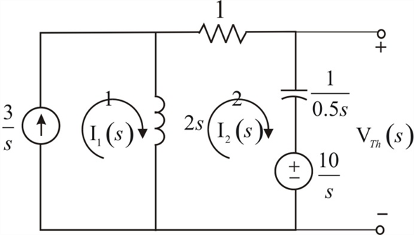 Refer to Figure E14.2 in the textbook. The Laplace transformed circuit is,   Figure 1 The output voltage is the voltage across the   resistance. The Thevenin's equivalent for the circuit can be calculated by removing the   resistance. The resulting circuit is,   Figure 2 From Figure 2 the current in the first loop is,   Apply Kirchhoff's Voltage Law to loop 2.     The Thevenin's equivalent voltage can be calculated as,     The Thevenin equivalent resistance is calculated by replacing the sources in the network with their internal impedances.   Figure 3 The equivalent impedance is,   The Thevenin equivalent circuit is,   Figure 4 Apply voltage division rule at output.     Simplify the quadratic equation '   'we get,     The equation   is,   Express   in a partial fraction expansion.   The value of   is,       The value of   is,   The partial fraction expansion of   is then   Apply inverse Laplace transform.   Thus, the value of the output voltage is,   .