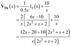 Refer to Figure E14.2 in the textbook. The Laplace transformed circuit is,   Figure 1 The output voltage is the voltage across the   resistance. The Thevenin's equivalent for the circuit can be calculated by removing the   resistance. The resulting circuit is,   Figure 2 From Figure 2 the current in the first loop is,   Apply Kirchhoff's Voltage Law to loop 2.     The Thevenin's equivalent voltage can be calculated as,     The Thevenin equivalent resistance is calculated by replacing the sources in the network with their internal impedances.   Figure 3 The equivalent impedance is,   The Thevenin equivalent circuit is,   Figure 4 Apply voltage division rule at output.     Simplify the quadratic equation '   'we get,     The equation   is,   Express   in a partial fraction expansion.   The value of   is,       The value of   is,   The partial fraction expansion of   is then   Apply inverse Laplace transform.   Thus, the value of the output voltage is,   .