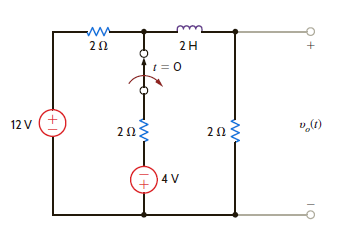 Solve Learning Assessment E7.6 on page 268 using Laplace transforms. Learning Assessment E7.6 Consider the network in Fig. E7.6. If the switch opens at t = 0, find the output voltage v o ( t ) for t 0.   Figure E7.6<div style=padding-top: 35px> 