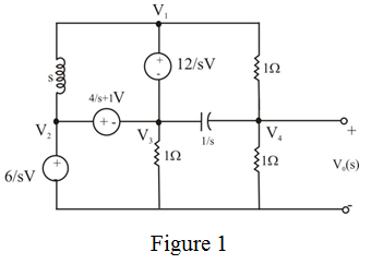 Refer to Figure P14.11 in the textbook. Convert elements into s-domain:     Draw the circuit diagram in s-domain.   Write the following equations using Figure 1.         Apply nodal analysis at node   .   Substitute   and   expressions.   Resolve into partial fractions.   Determine the value of   .   Determine the value of   .   Determine the value of   .   The partial fraction expansion of   is,   Apply inverse Laplace transform.   Therefore, the output voltage is   .