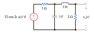 Determine the steady-state voltage v oss ( t ) in the network in Fig. E14.14 for t 0 if the initial conditions in the network are zero.   Figure E14.14<div style=padding-top: 35px> 