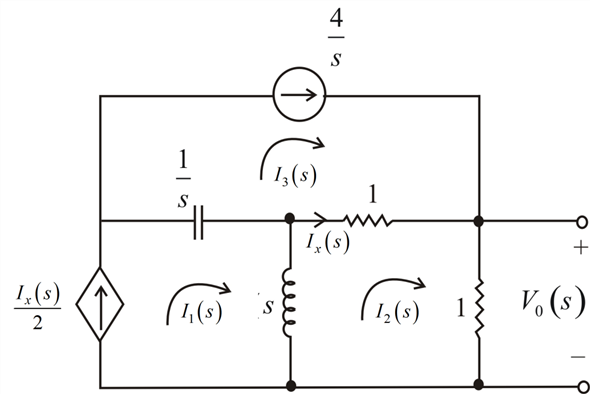 Refer to Figure P14.16 in the textbook. The Laplace transformed circuit is,   Figure 1 From Figure 1,   Apply Kirchhoff's Voltage Law to second mesh.     The output voltage is expressed as,   Resolve into partial fractions.   The value of   is,   The value of   is,   The partial fraction expansion is,   Apply inverse Laplace transform.   Therefore, the output voltage is   .