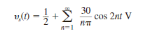 Determine the first three nonzero terms of the voltage v o ( t ) in the circuit in Fig. 15PFE-3 if the input voltage v s ( t ) is given by the expression     Figure 15PFE-3 a. 8.54 cos (2 t + 26.57°) + 4.63 cos (4 t + 14.04°) + 3.14 cos (6 t + 9.46°) +... V b. 10.82 cos(2 t + 35.63°) + 6.25cos(4 t + 18.02°) + 2.16 cos (6 t + 30.27°) +... V c. 4.95cos(2 t 25.43°) + 3.19cos(4 t + 60.34°) + 1.78 cos (6 t 20.19°) +... V d. 7.35cos(2 t + 50.12°) + 4.61cos(4 t + 21.24°) + 2.28 cos (6 t 10.61°) +... V<div style=padding-top: 35px> 