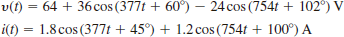 At the input terminals of a network, the voltage v ( t ) and the current i ( t ) are given by the following expressions: Find the average power absorbed by the network.